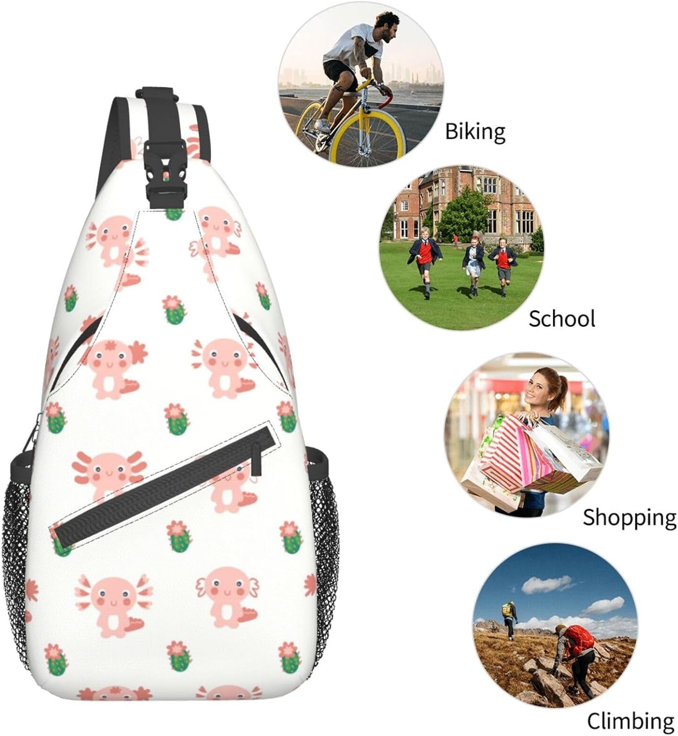 Kawaii Axolotl Animal Pattern Sling Bag Crossbody Hiking Travel Chest Bags Backpack Shoulder Daypack for Women Men