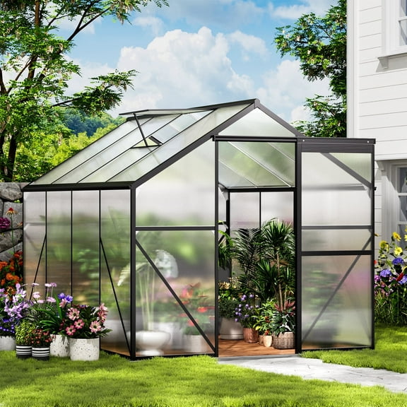 Asofer 8x6 FT Greenhouse with Lockable Hinged Door Vent Window, Polycarbonate Walk-in Winter Greenhouse Sunroom, Black