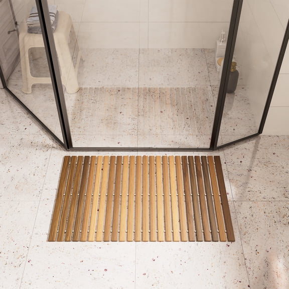Facilehome Wooden Teak Bath Mat 19.69"×31.50", Non Slip Roll Up Shower Mat for Inside Shower Luxury Spa Home or Outdoor,Slatted Bathroom Mat