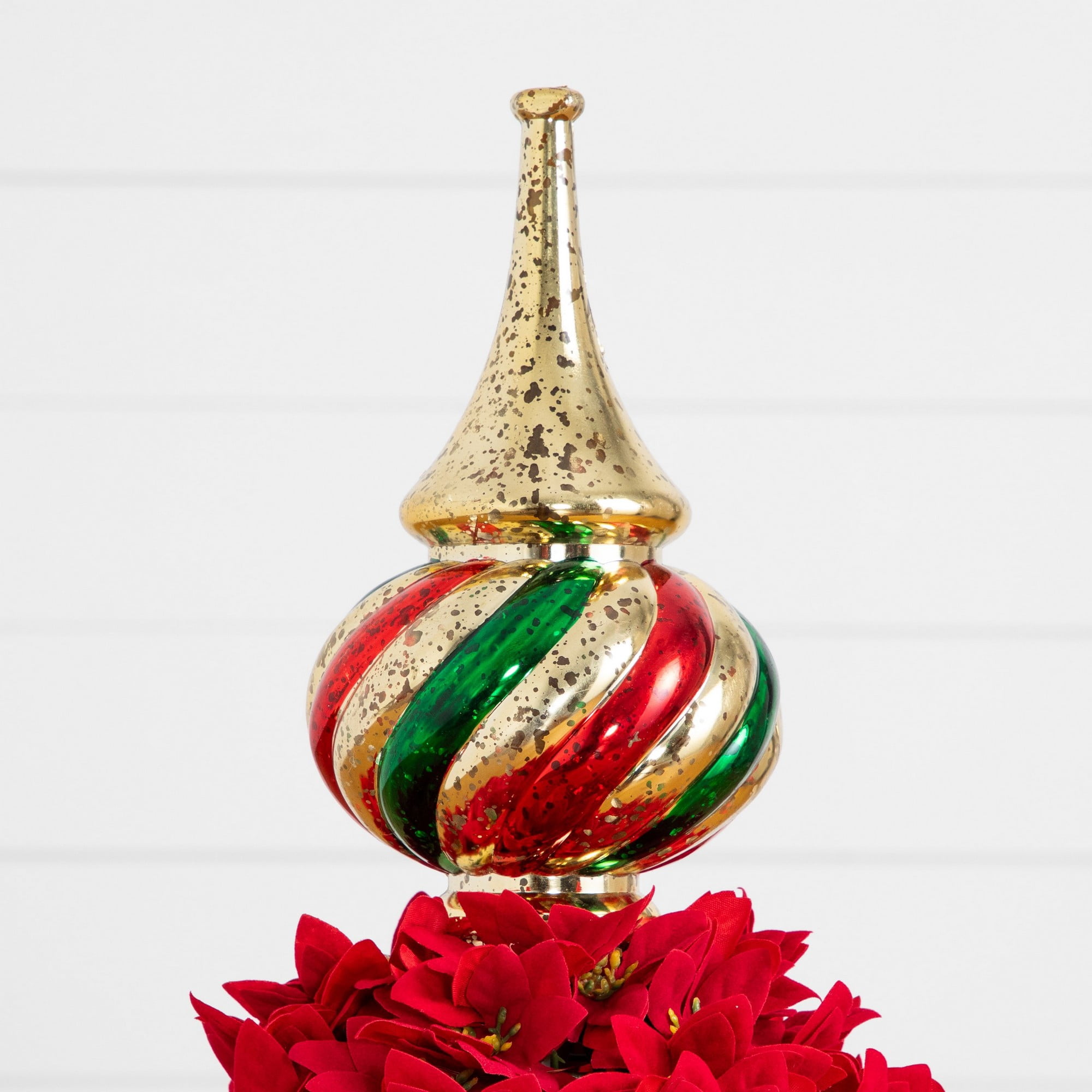 3ft. Pre-Lit Artificial Christmas Poinsettia Topiary Tree with Finial Ornament and 70 LED Lights in Decorative Urn