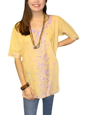 Mogul Women's Cotton Tunic Blouse Short Sleeves Floral Embroidered Ethnic Top M