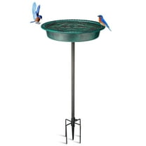 OBENSKY Oval Polyresin Bird Bath Bowl with Metal Stake, 34 Inch Height Outdoor Freestanding Birdfeeder - Green