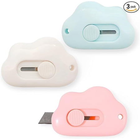 3 Pack Cloud Box Cutter Retractable, Mini Safety Box Cutter Package Opener Cute Pocket Knife Aesthetic School Supplies Office Supplies for Women