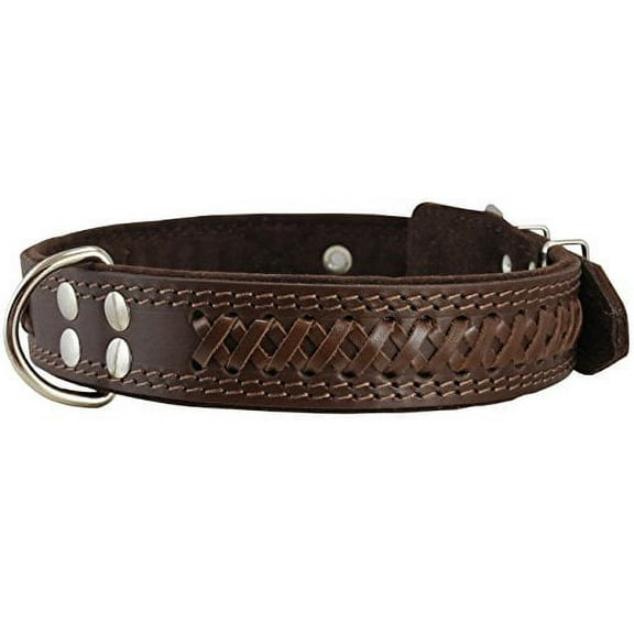 High Quality Genuine Leather Braided Dog Collar, Brown 1.6" Wide. Fits 19"-24" Neck.