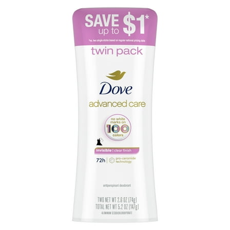 Dove Advanced Care Antiperspirant Deodorant Stick Invisible Clear Finish, 2.6 oz Twin Pack