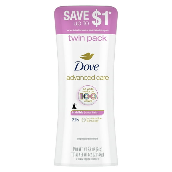 Dove Advanced Care Antiperspirant Deodorant Stick Invisible Clear Finish, 2.6 oz Twin Pack