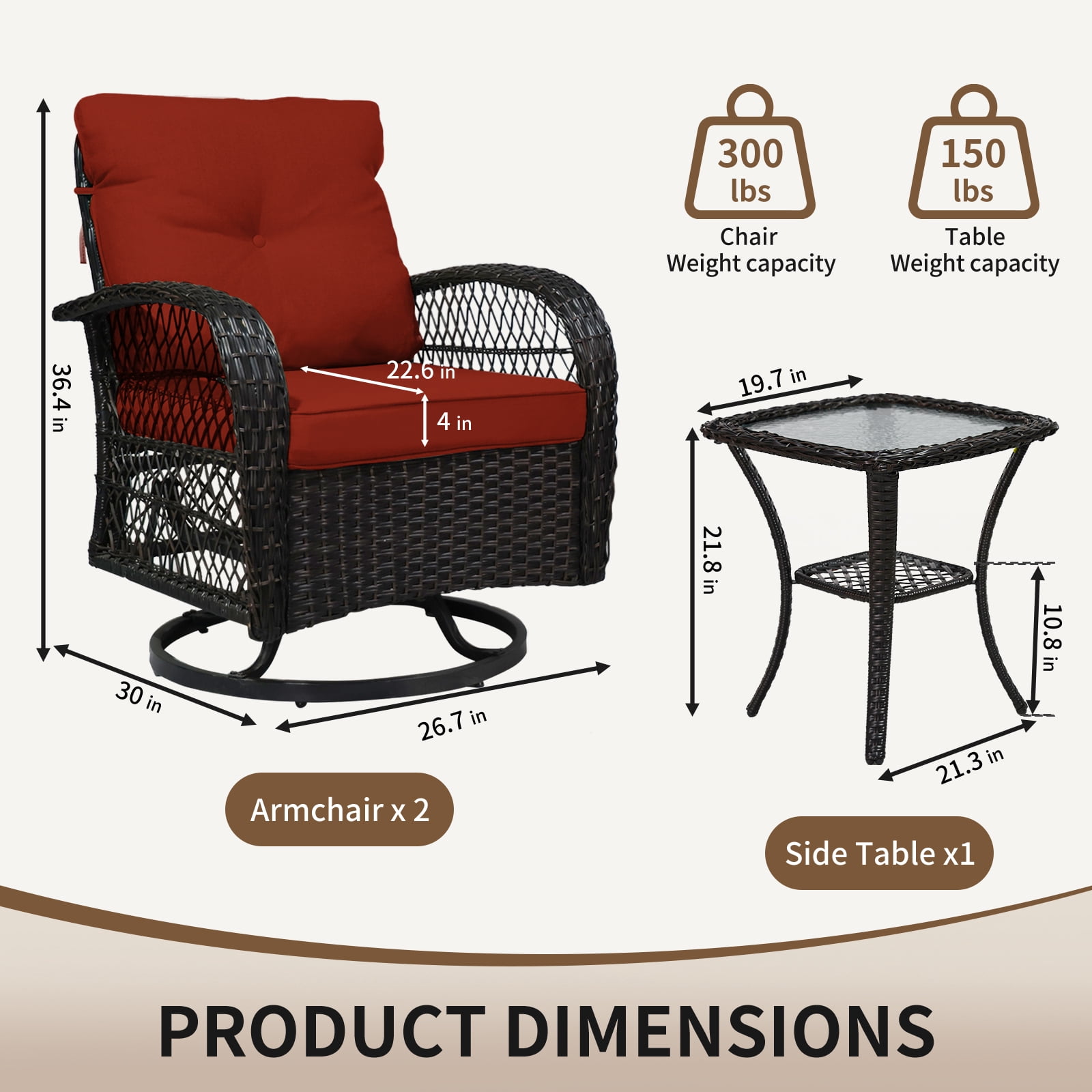 SHGJ&SOFT 3-Piece Patio Conversation Set with Thick Cushions and Glass Table, Modern PE Rattan Outdoor Furniture for Deck, Porch or Garden (Red)