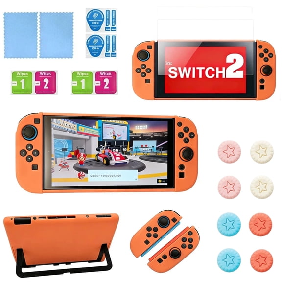 Protective Case Set for Nintendo Switch 2 2025, Switch 2 Case Slim Hard Shell Accessories, Scratch&Shock Protection Cover with Screen Protector, 4 Thumb Grip Orange