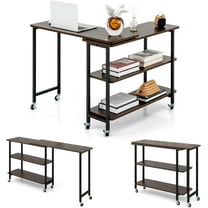 LDAILY 360° Rotating Sofa Side Table, Movable Laptop Desk with 2-Tier Storage Shelves, Sturdy Metal Frame, Swivel Rolling Desk with 6 Lockable Casters, Mobile End Table for Home Office (Walnut)