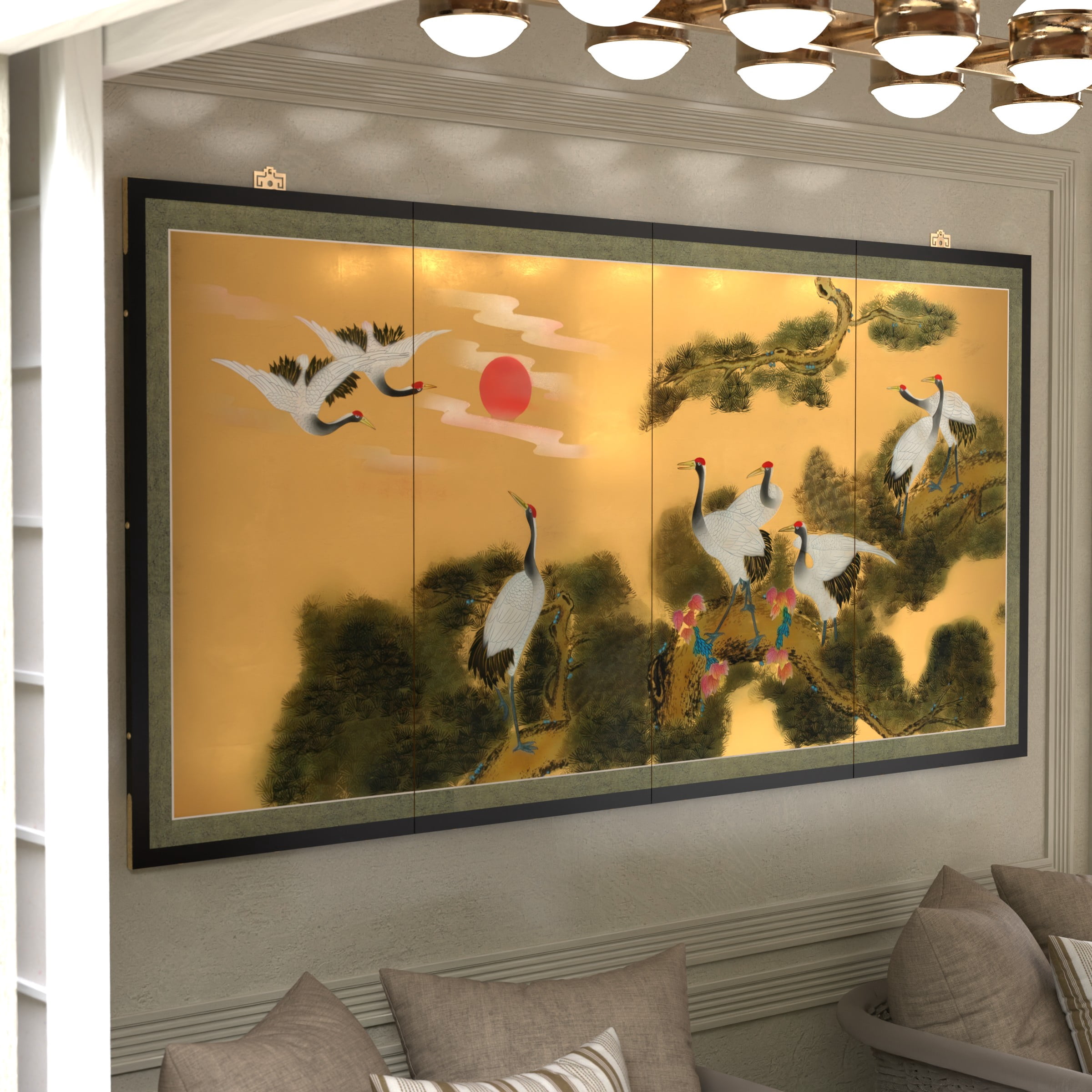 6ft. Long Handpainted Goldleaf Chinese Silk Wall Art Screen - Cranes and Pine