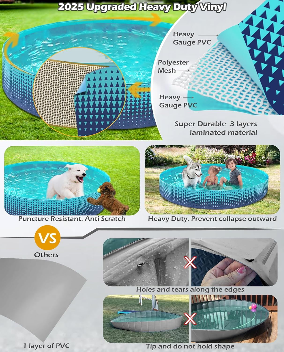 Foldable Dog Kiddie Pool - Hard Plastic Kids Paddling Pool Toddler Baby Swimming Pools for Backyard Collapsible Whelping Box Pet Doggie Cats Wading Pools Bathtub for Puppy Large Dogs 48In,G