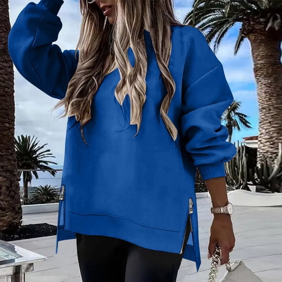 Ounisa Womens Long Sleeve Zipper Slit Oversized Sweatshirt 2025 Casual Pullover Zipper Hoodies Fall Clothes
