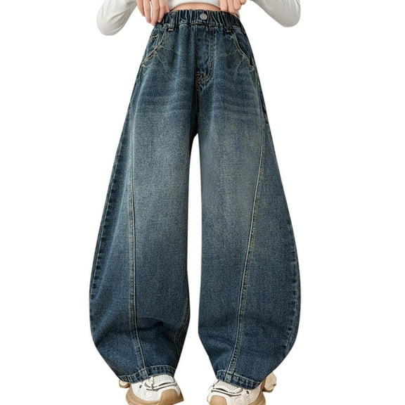 KVPLBQFD Girls Barrel Jeans Wide Leg Y2K Relaxed Denim Pants for Teens Hip Hop Vintage Baggy Jeans Kids Trendy Elastic Waist Pants