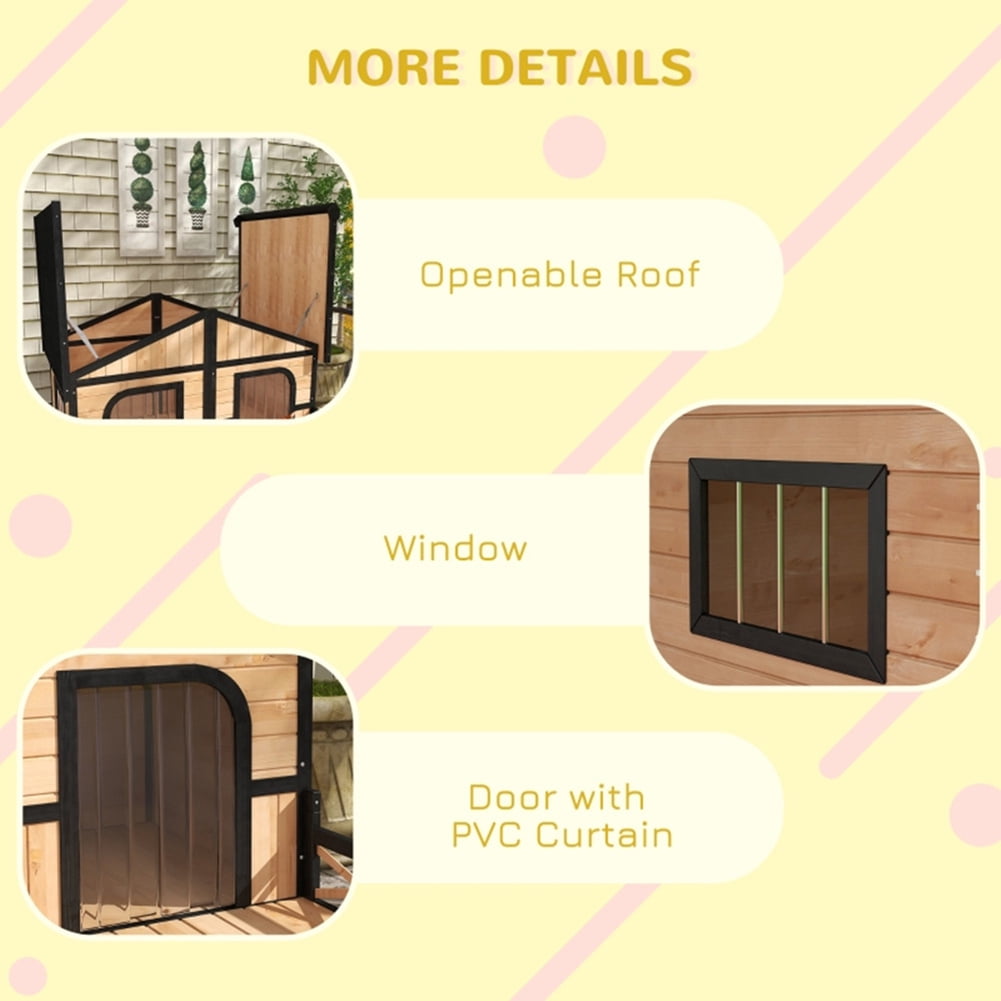 Kadyn Cabin Style Raised Dog Shelter with Roof, Doors, and Window, Wooden Dog House Outdoor with Porch, for Medium Large Sized Dog, Natural