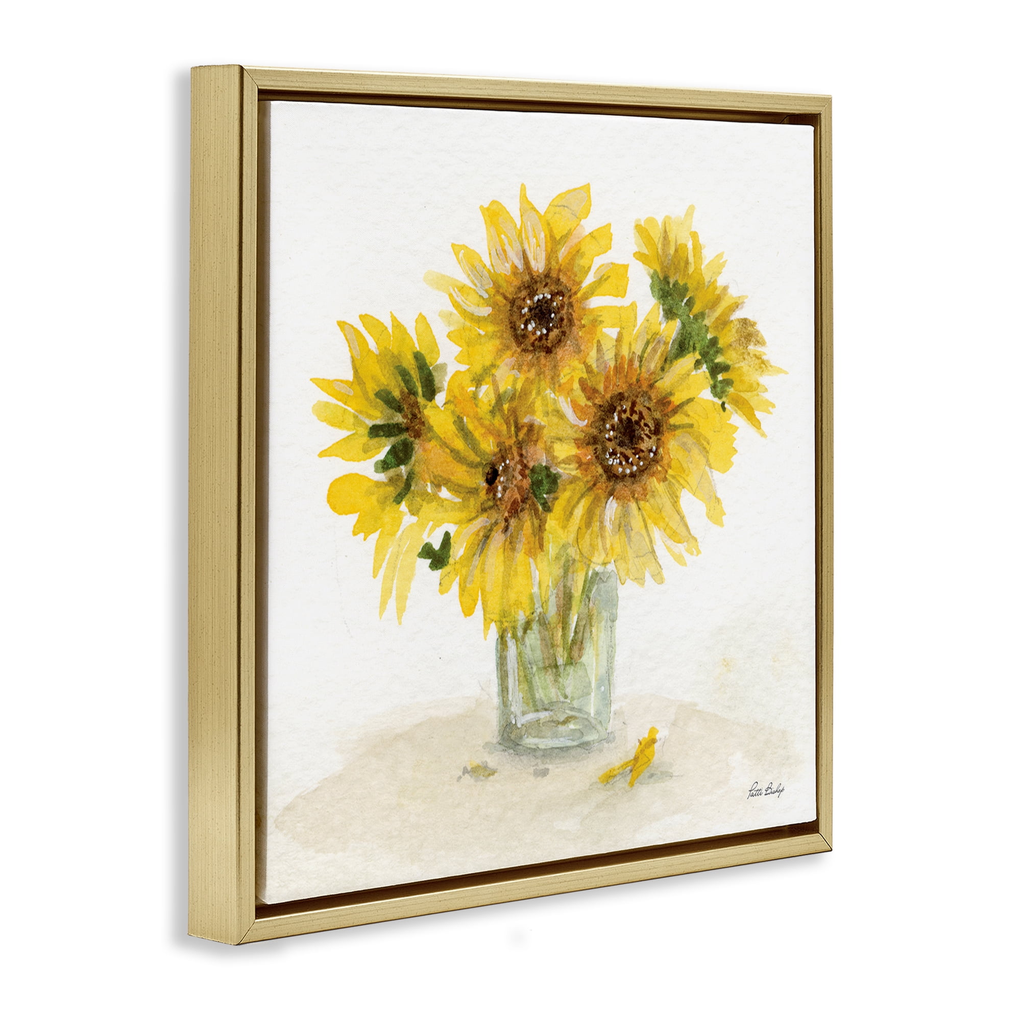 Stupell Industries Sunflower Jar Watercolor Plants & Flowers Painting Gold Floater Framed Canvas Art Print Wall Art, 18 x 18