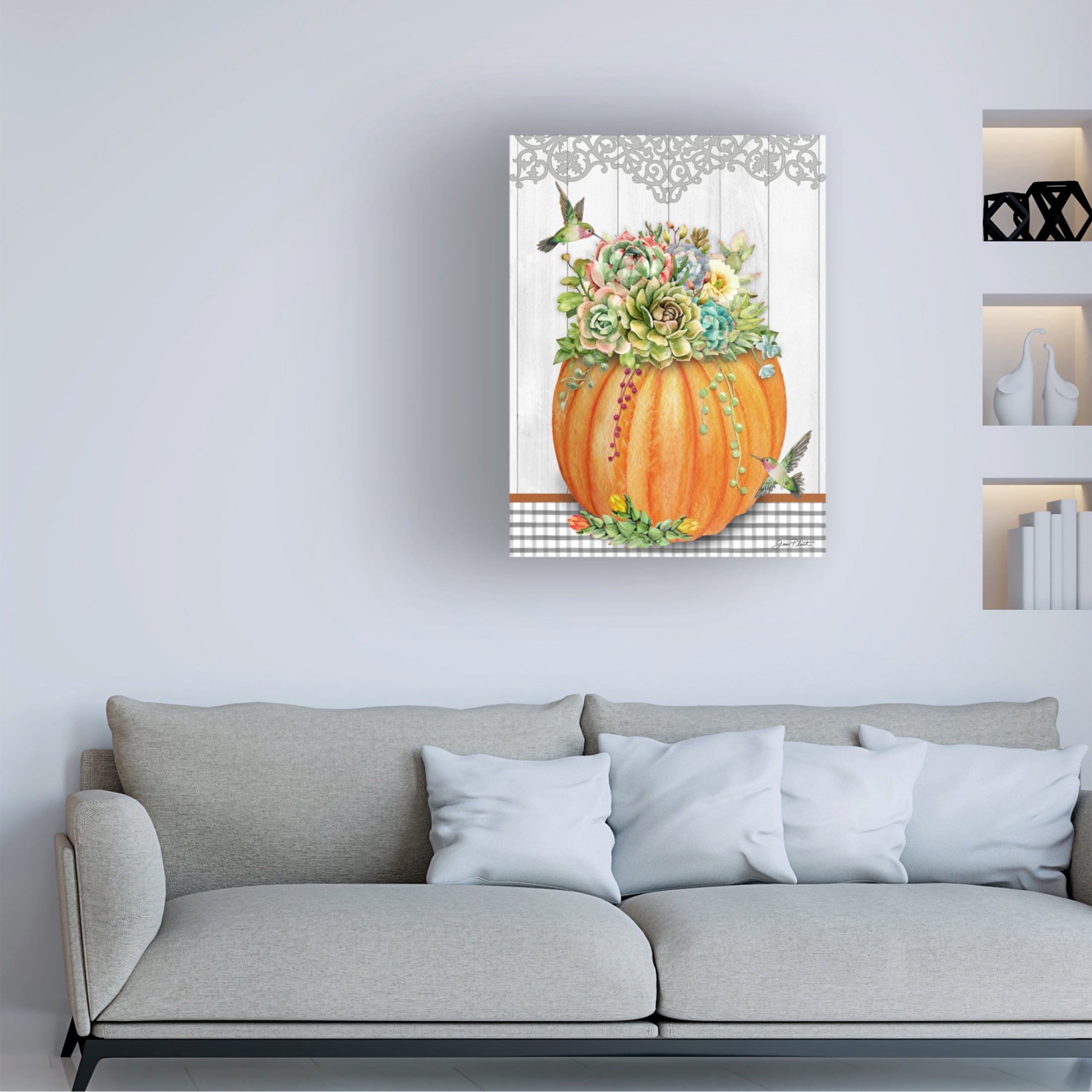 Canvas Wall Art - Jean Plout 'Pumpkins With Succulents C' Wall Art for Living Room, Bedroom, or Office Décor by Trademark Fine Art - 24 x 32 Inches