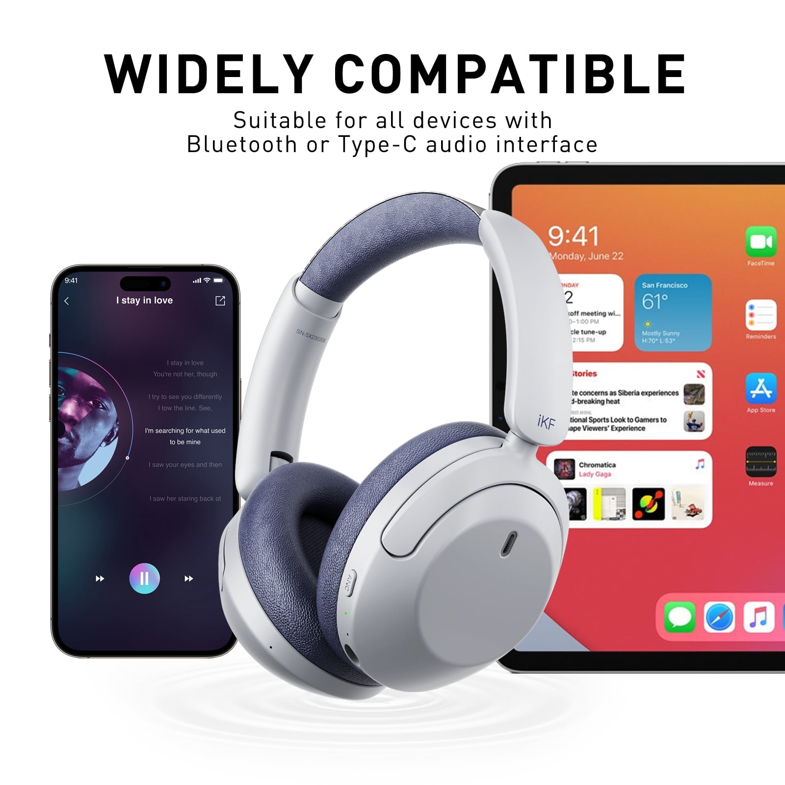 iKF-T3 Wireless Headphones Bluetooth 5.3 Active Noise Cancelling 125H Playtime Hi-Res Smart App Control 38ms Low Latency Foldable Lightweight Headset for PC Home Travel Office (Off White)