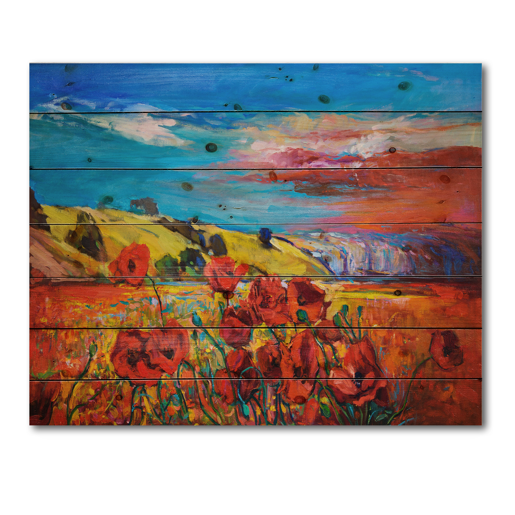 Designart 'Blossomg Red Poppies Under A Blue Sky' Traditional Print on Natural Pine Wood