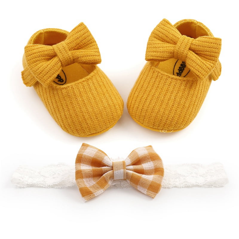 2pcs/Set Baby Girl Princess Mary Jane Flats Soft Toddler Infant Wedding Dresses Shoes with Headband 