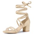 thumbnail image 1 of BLISSFUL STEP Women's Open Toe Color Block Lace Up Heel Sandals Beige 7.5, 1 of 7