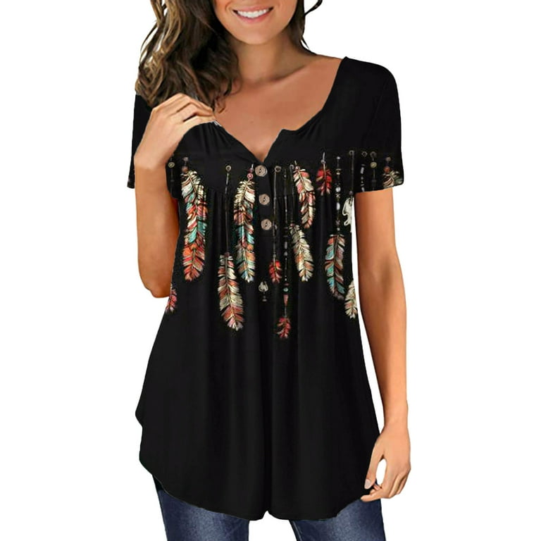 Long Sleeve Womens Shirts Thumb Holes Women Plus Size Floral V Neck Short Sleeve T Shirts Button Pullover Tank Tops Blouse Elbow Length Sleeves Tops - Walmart.com