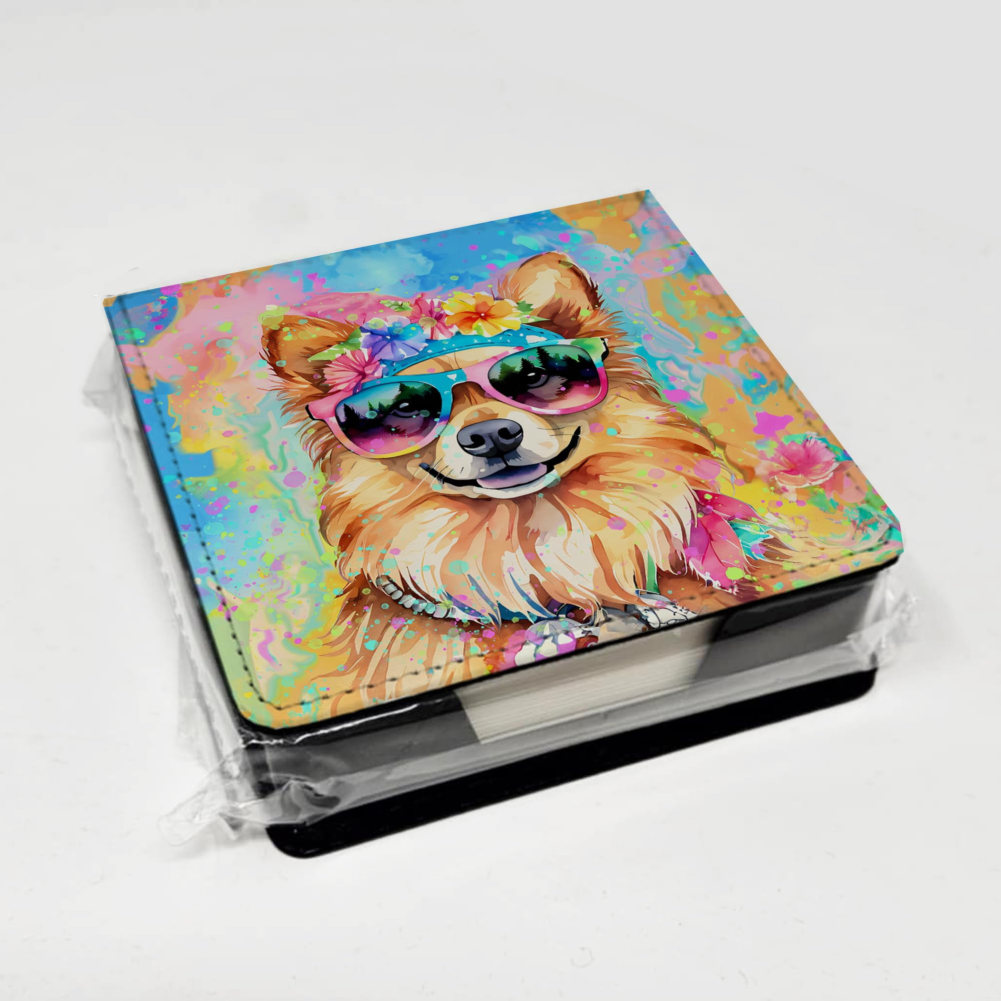 Caroline's Treasures Pomeranian Hippie Dawg PU Leather Note Paper Holder with Artist-Designed Cover, Desk Accessory, Office Gift