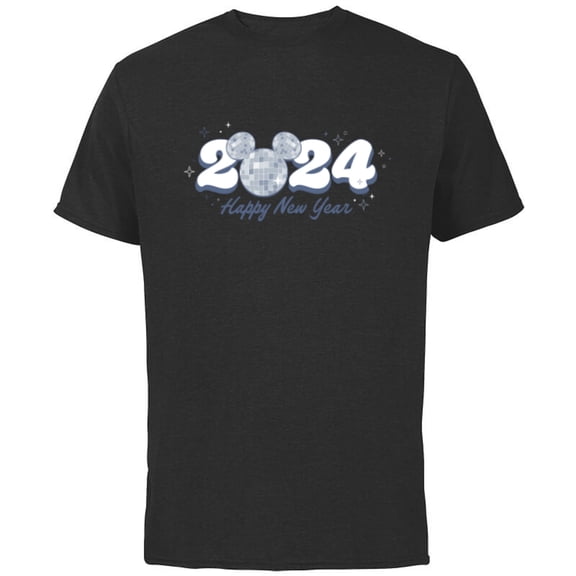 Disney Mickey Mouse Head Disco Ball Happy New Year 2024 - Short Sleeve Cotton T-Shirt for Adults - Customized-Black