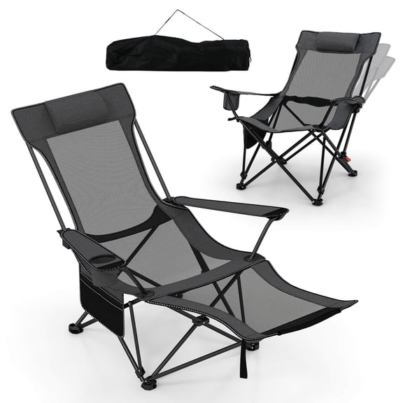 GETHFS Camping Lounge Chair with Detachable Footrest, 4-Position Reclining Folding Outdoor Chair with Cup Holder & Carrying Bag for Beach, Camping, Patio
