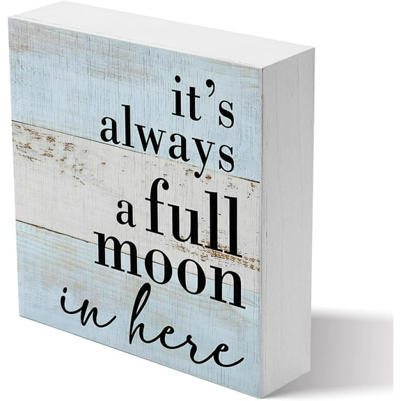 Zomyto 5x5 inches Funny Bathroom Sign It's Always a Full Moon in Here Wooden Box Signs, Shelf Table Desk Decor,Wooden Plaque