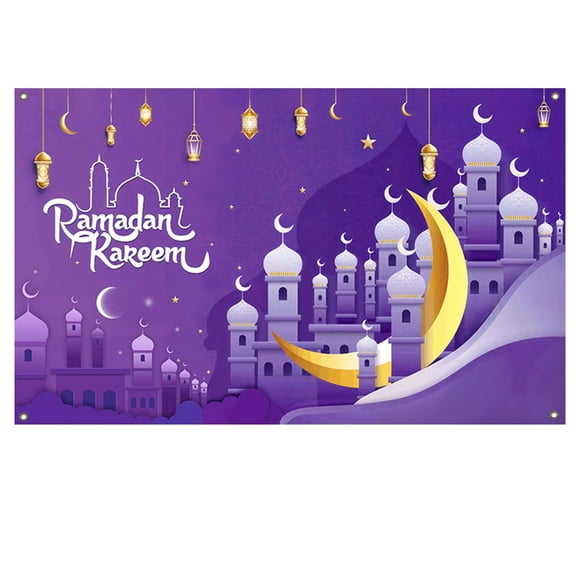 Eid Mubarak Decorative Tapestry - Purple A101 Polyester Print Wall Hanging, 110x180cm (3.6x5.9ft) - Ideal for Ramadan Celebrations, Home Parties, Bedroom/Living Room/Dorm Decoration, Family Gathering