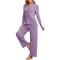 thumbnail image 4 of Pijamas de mujer Inspire Chic, conjuntos de pijama de manga corta con botones y pantalones, color morado oscuro, 4 of 5
