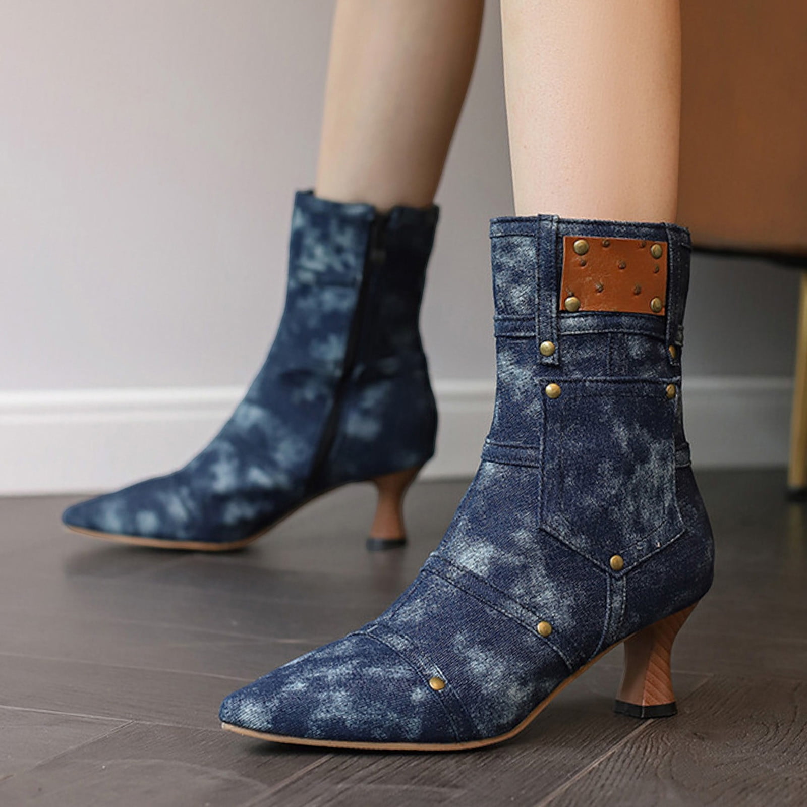 PEASKJP Women s Ankle Booties Low Mid Block Heel Side Zipper Ankle High Boots Booties Shoes Dark Blue 40
