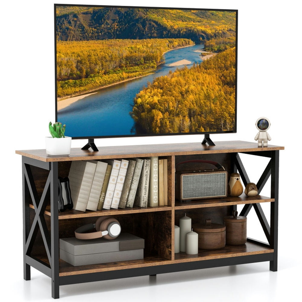 Finihen TV Stand, Entertainment Center, Wooden TV Stand Entertainment for TVs up to 55 Inch with X-Shaped Frame, for Living Room, Rustic Brown