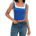 thumbnail image 1 of ATHLECHIC Camiseta sin mangas de cuello cuadrado de verano para mujer, top corto de bloques de color, M Azul, 1 of 5