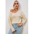 thumbnail image 4 of Women's Apricot Ribbed Texture Lace Trim V Neck Long Sleeve Top, 4 of 5