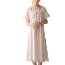 Defitshape Women's Cotton Victorian Nightgown Summer Soft Ruffle Short Sleeve Long Billowy Lace Trim Square Neck Vintage Frilly Shirred Pink Small
