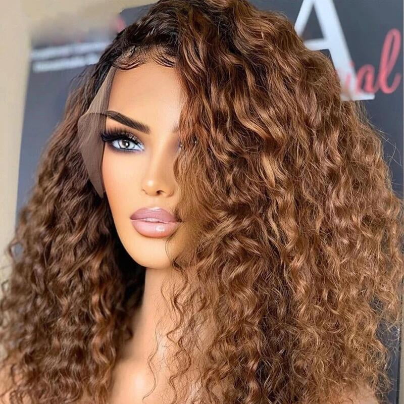Preplucked Baby Hair & Heat Resistant 26Inch Soft Ombre Brown Kinky Curly 180% Density Synthetic Hair Lace Front Wig Glueless Daily Wig for Women