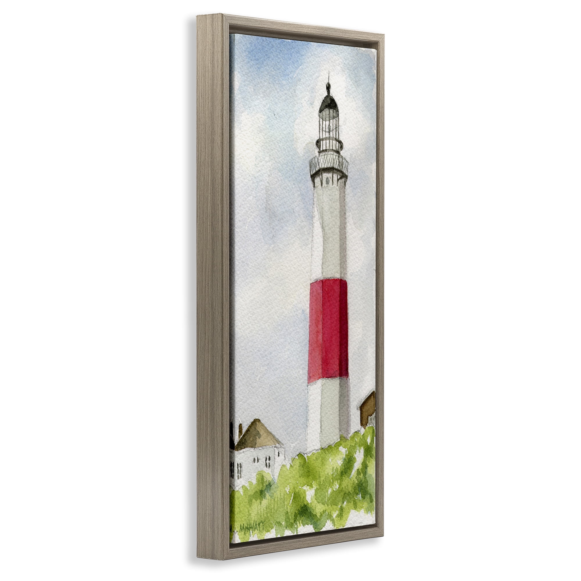 Stupell Industries Montauk Lighthouse View Nautical & Beach Painting Brown Floater Framed Canvas Art Print Wall Art, 14 x 31