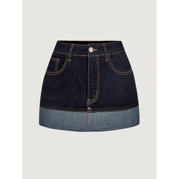 Women Casual Color Block Patchwork Mini Skirt, High Waist Cuffed Hem Short Skirt, Versatile Outfit for Everyday Wear