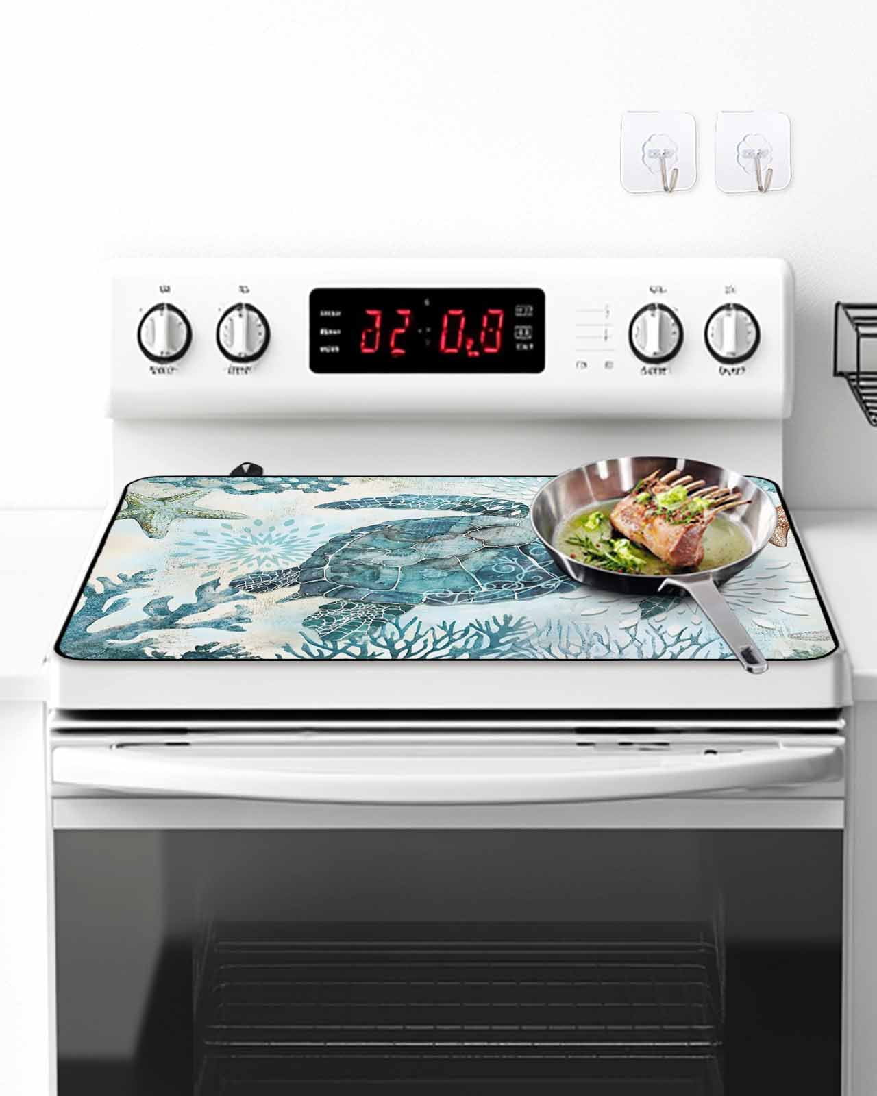 Stove Top Covers for Electric Stove, Teal Turtle Coastal Glass Stovetop Cover Protector, Summer Beach Starfish Nautical Sea Induction Cooktop Protector Oven Mat for Kitchen Countertop 24"x21"