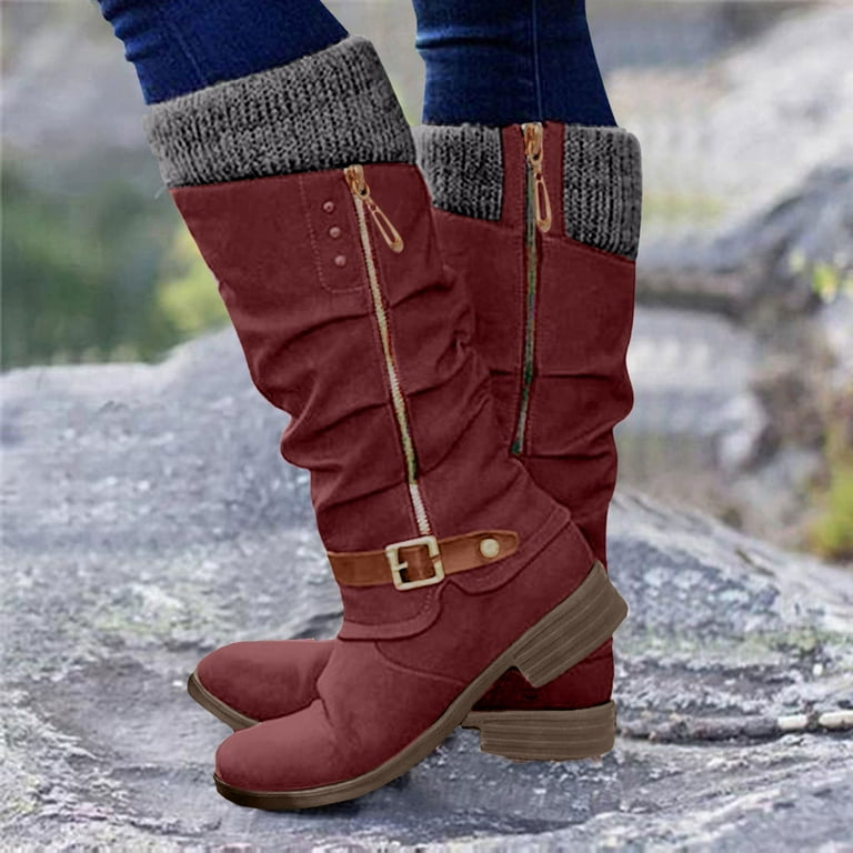 Mostsola Womens Knee High Boots Vintage Round Toe Heeled Mid Calf