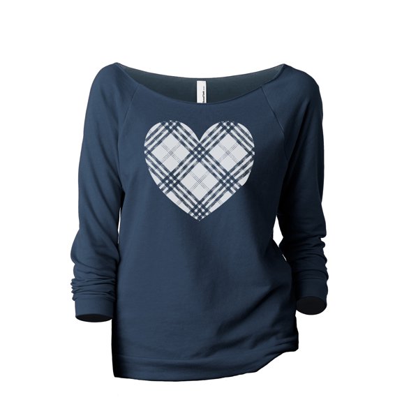 Plaid Heart Women's Fashion Slouchy 3/4 Sleeves Raglan Lightweight Sweatshirt Navy 2X-Large