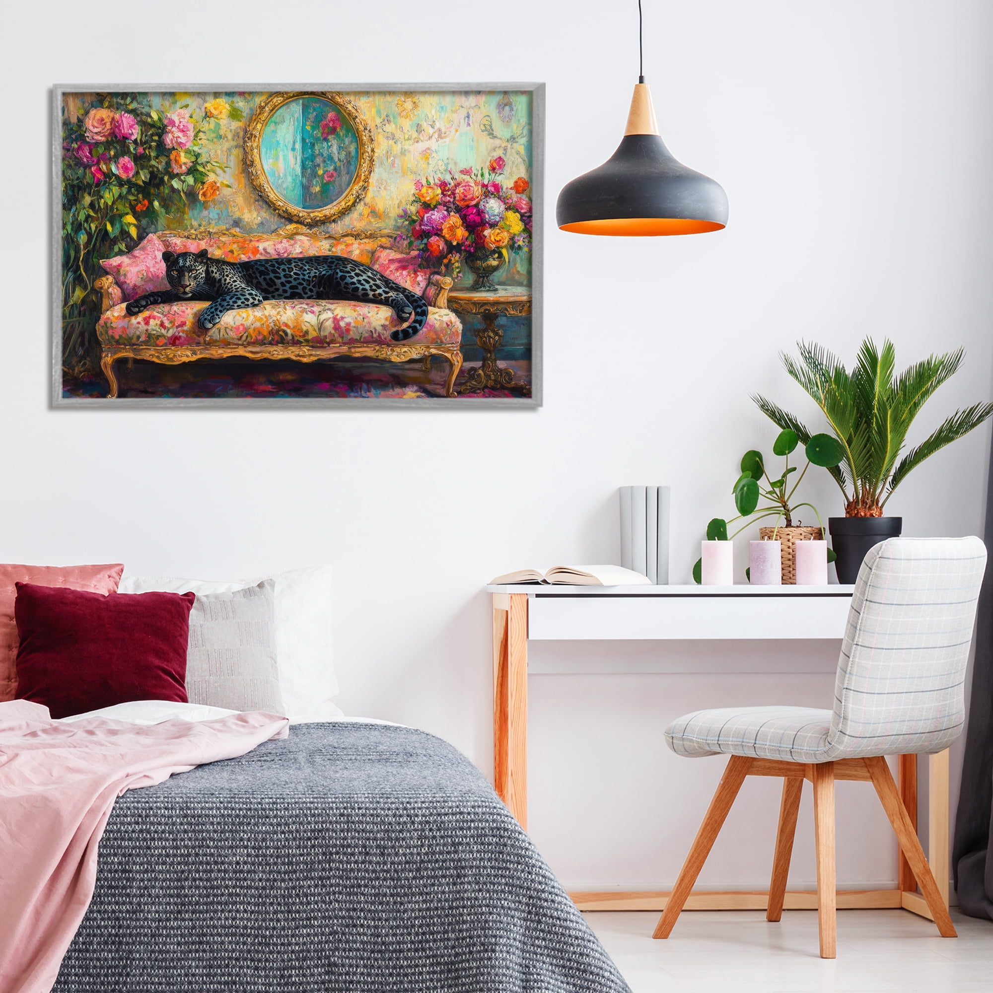 Stupell Industries Lounging Leopard on Floral Sofa Gray Framed Giclee Art, design by Petal Prints Design