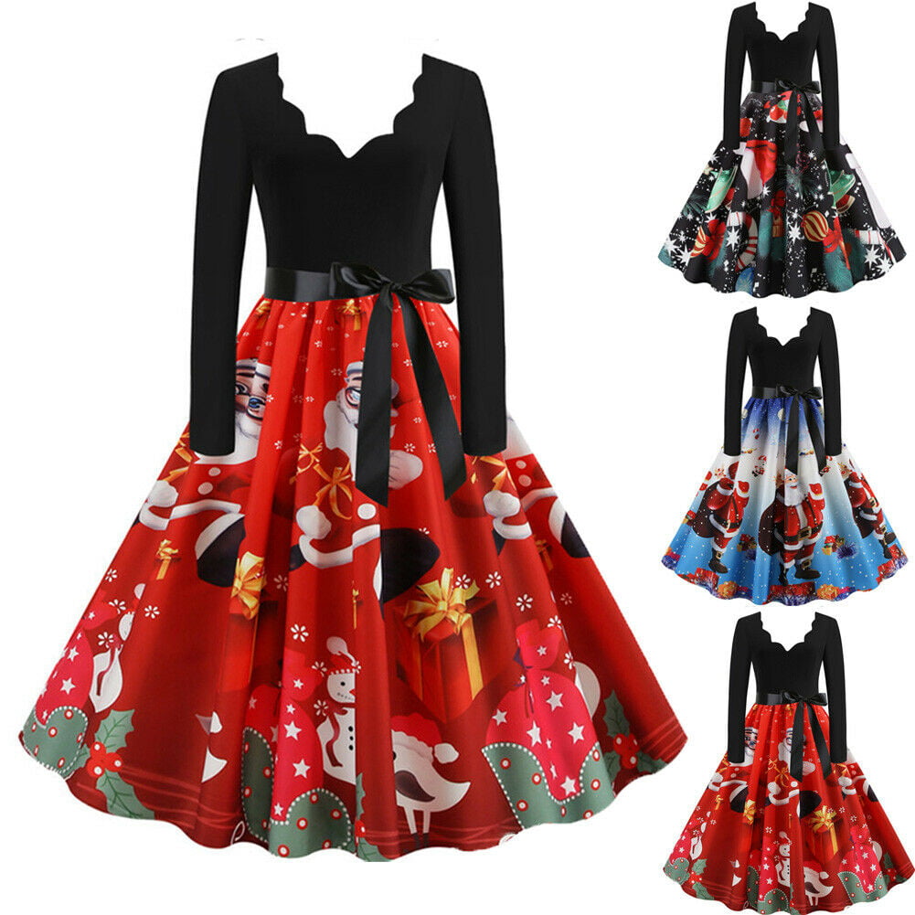 SUNSIOM Women's Christmas Midi Swing Dress Ladies Long Sleeve Xmas ...