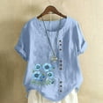 thumbnail image 2 of DDAPJ pyju Linen Tops for Women Short Sleeve Floral Print Tshirts Loose Fit Round Neck Casual Dressy Blouse Limited Time Sales Blue XXXL, 2 of 5