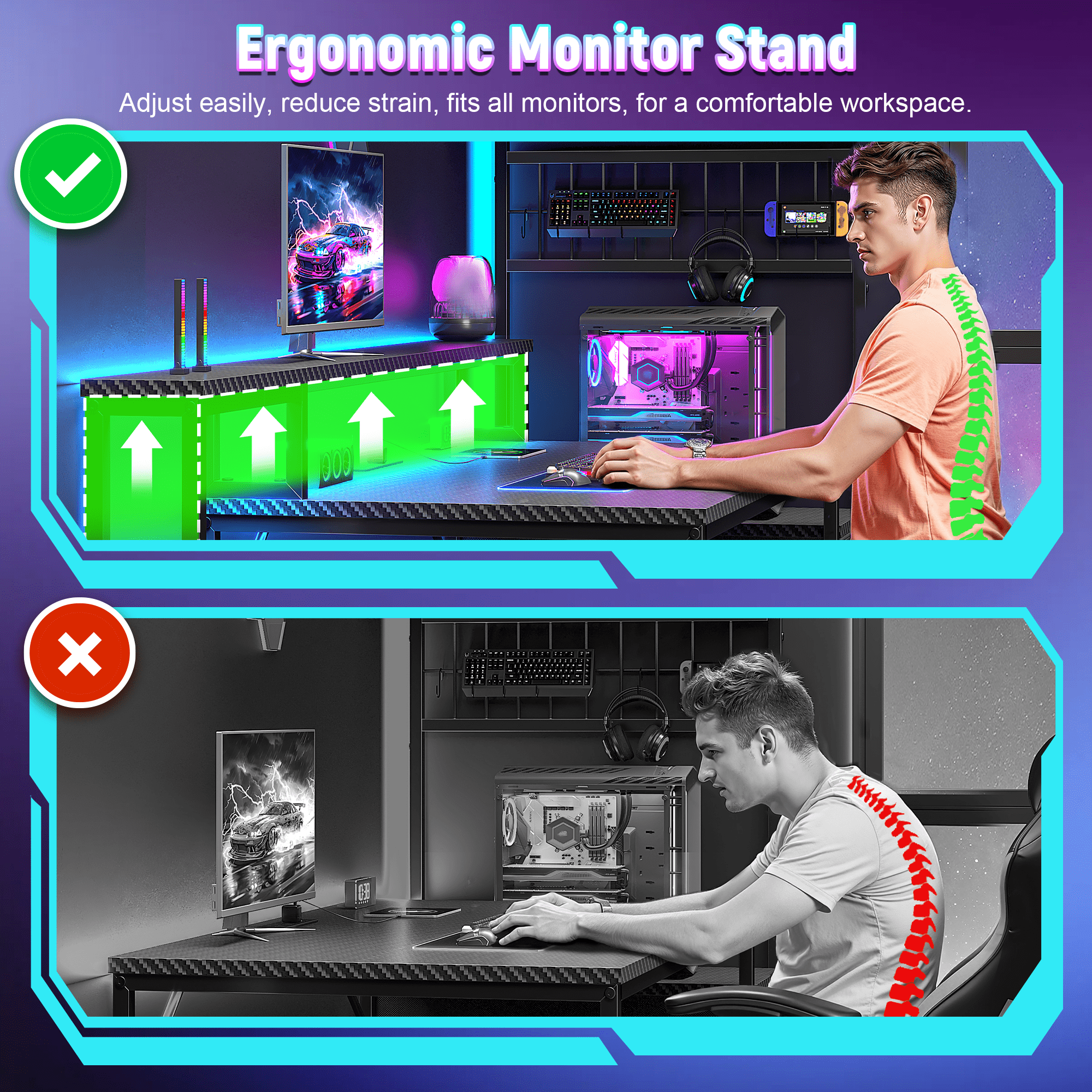 Romorgniz 63"W Gaming Desk Computer Desk with LED Lights & Outlets Corner Desk with Storage & Monitor Stand for Gaming,Studying,Home Office Desks,Black