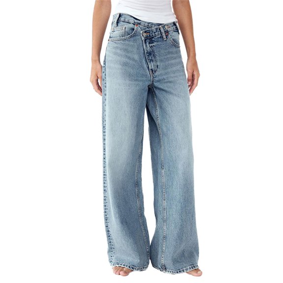Michellecmm Women’s Mid Rise Washed Jeans Crossover Wide Leg Loose Denim Pants Trousers with Pockets