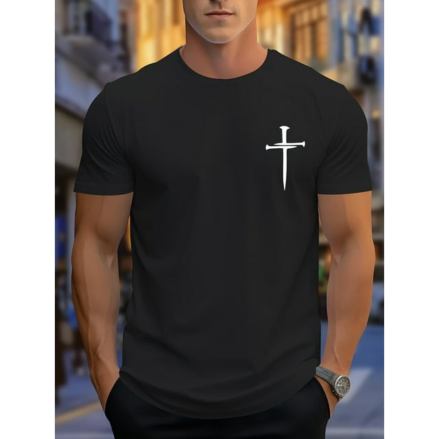 Camiseta casual de manga corta azul claro para hombre con estampado de cruces blancas - Algodón transpirable, cuello redondo, ropa deportiva de verano