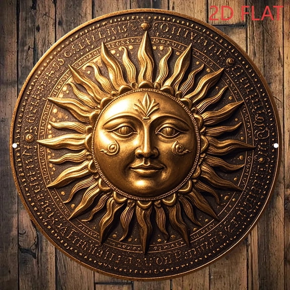HELLOYOUNG Vintage Metal Wall Art Sun Moon Round Sign, 2D Flat Retro Gold Coin Design Aluminum Poster for Home Bar Restaurant Halloween Christmas Decor