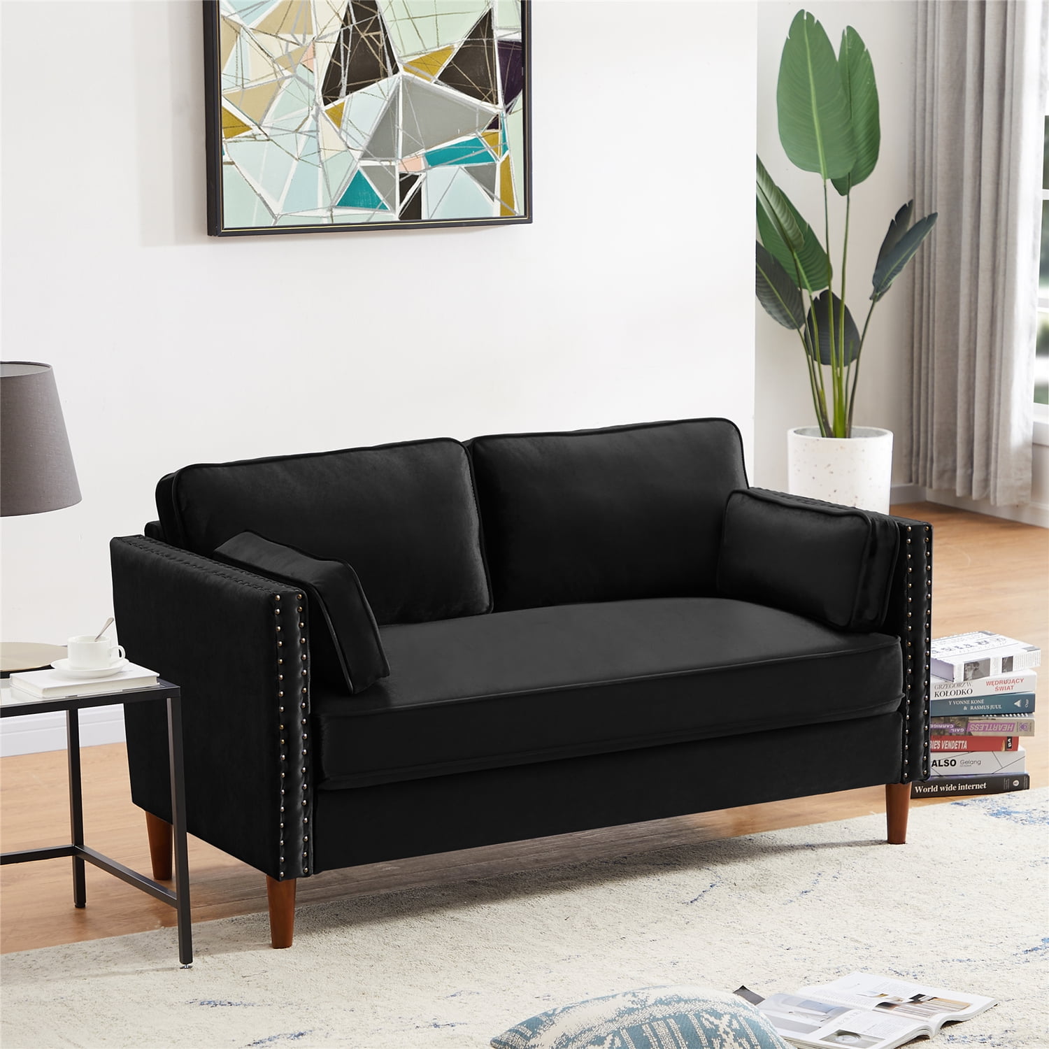 Private Jungle Velvet Loveseat Sofa Tufted Couch,Comfy Upholstered Settee Couch with wood Legs for Compact Space Apartment (Black)